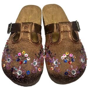 Vintage Y2K Skechers Satin Clogs Beaded Embroidered Slide Shoe Comfort Size 5.5